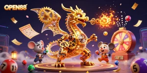 Engage with OPEN88's thrilling atmosphere of excitement, showcasing colorful lottery balls and a golden dragon!