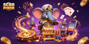 Spin the reels with SC88 POKER, featuring a steampunk elephant in a vibrant casino!