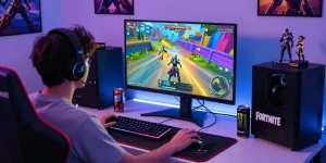 Exciting Fortnite Cheats gaming scene with player focused on gameplay, showcasing energy drinks and collectibles in a vibrant atmosphere.