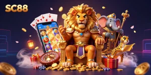 Engage with SC88's vibrant online casino experience through this dynamic 3D illustration.