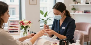 Manicurist providing a luxurious service in Paradise Nail Beauty salon, showcasing vibrant nail colors and a relaxing atmosphere.