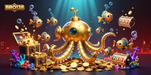 BRO138 showcases thrilling slot adventure with golden kraken and treasure chests amidst vibrant gameplay elements.