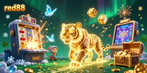 Experience the excitement at red88 with a vibrant slot machine and golden tiger in a dazzling casino.