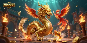 Engage with the man88 casino adventure featuring a dragon, phoenix, and koi fish amidst a vibrant gold coin shower.