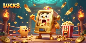 Experience a thrilling jackpot moment with LUCK8's animated slot machine as coins fall in a lively casino scene.