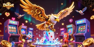 Engage in exciting casino action with Debet as a cybernetic eagle dives through holographic cards and vibrant slot elements.