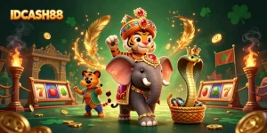 Experience high-stakes gaming excitement with IDCASH88's vibrant character-filled casino scene.