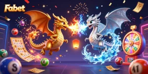 Fabet’s vibrant scene with twin dragons unleashing elemental energies amid lottery excitement.