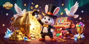 Experience the excitement of net88 with a 3D cartoon scene showcasing a magician rabbit, dove, and monkey in a casino setting.