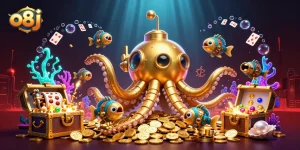 Capture "o8j" excitement with 3D kraken and casino elements in a vibrant underwater scene.