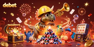 Join the fun with debet as a triceratops builds poker chips in a vibrant casino scene!