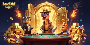 Budi4d login scene with a velociraptor card counter at a blackjack table amidst gold treasures.