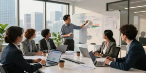 Team engaged in business energy comparison UK 2026 strategy meeting, showcasing graphs and energy rates in a modern office.