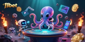 Experience the thrill of 11bet with an exciting poker scene featuring an alien octopus and crypto elements.
