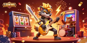 Experience the thrill of winning at LGODEWA with vibrant slot machines and playful characters in a lively casino scene.