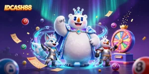 Engage in thrilling online gaming with IDCASH88, showcasing a vibrant casino scene filled with lottery elements.