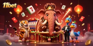 Immerse in the vibrant scene of 11bet with a mammoth bouncer and a saber-tooth tiger VIP.