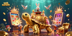 Win big at web sunwin with a vibrant 3D casino scene featuring gold coins, jackpot excitement, and a rabbit dealer.