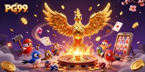 Experience thrilling gameplay with PG99, featuring a phoenix emerging in a dynamic casino scene with gold coins and cards.