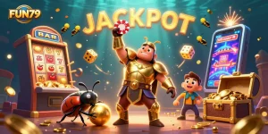 Experience FUN79's thrilling jackpot adventure with beetle heroes celebrating big wins!