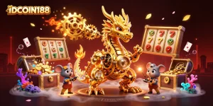 IDCOIN188 showcases a vibrant 3D scene with a golden dragon, dynamic slot elements, and rich gems.
