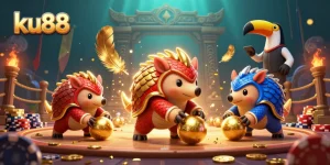 ku88 pangolins compete in a vibrant casino showdown filled with golden tokens and dynamic elements.