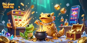 Dự đoán thần tài shows a magical scene with golden salamander alchemist and exciting casino elements.