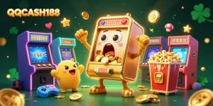 Spin and win with QQCASH188 in a vibrant, colorful casino illustration of winning slot machines.