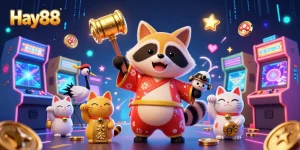 Engage with Hay88's exciting gaming scene featuring cheerful characters, arcade machines, and vibrant visuals.