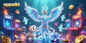 Experience the thrill of oppa86 with a vibrant 3D casino illustration featuring an ice phoenix and gaming elements.