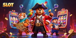 SLOT machines whirl with vibrant reels as a pirate bear, tiger first mate, and golden parrot celebrate wins.