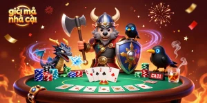Engage with giải mã nhà cái through dynamic poker scene featuring Viking wolf warrior and dragon.