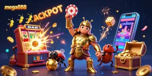 Experience mega888 excitement with a victorious beetle character lifting a poker chip under a jackpot explosion.
