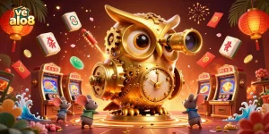 Engage with the vibrant casino world of về alo8, featuring a golden owl and animated game elements.
