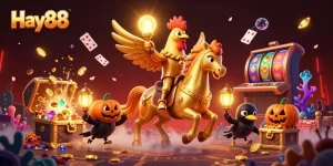 Experience Hay88's thrilling casino vibes with a golden rooster and pumpkin-headed crows amidst vibrant treasures.