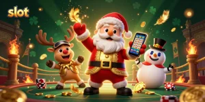 Spin slot reels and win jackpots with Santa and his casino friends in a vibrant scene.