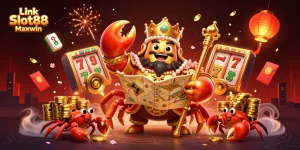 Win big with Link Slot88 Maxwin in this vibrant 3D illustration featuring lucky symbols and a golden crab emperor.