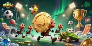 HOKI368 showcases online gambling excitement with ants on a heist carrying a giant poker chip.