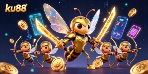 Engage with ku88's thrilling 3D casino world featuring vibrant crypto elements and a dynamic hornet warrior.