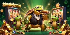 Spin the reels with kingjohnnie in an exciting casino scene featuring a turtle and frogs.