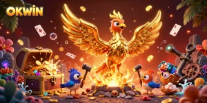 Experience OKWIN's dynamic gaming realm with molten golden phoenix, treasure, and vibrant gaming elements.