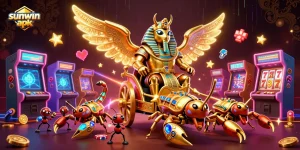 Experience the sunwin apk with a dynamic 3D illustration of casino characters in action.