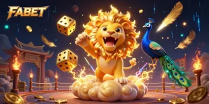 Experience thrilling FABET gameplay with a majestic lion and vibrant casino elements in a dynamic scene.