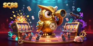 SC88 gaming experience featuring a clockwork owl and vibrant casino elements amidst underwater treasures.