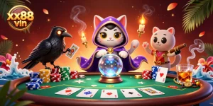 Experience thrilling 3D casino scenes with xx88 vin featuring a mystic cat and poker elements.