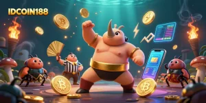 Experience the excitement of IDCOIN188 with vibrant coins and dynamic characters in this thrilling 3D casino scene.