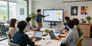 Collaboration scene showcasing team members building internal tools with AI in a modern office setting.