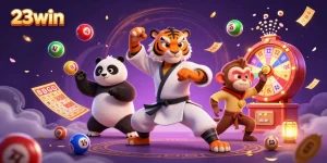 Engage with 23win's dynamic gaming scene featuring a kung fu tiger, panda, and monkey amidst vibrant lottery elements.