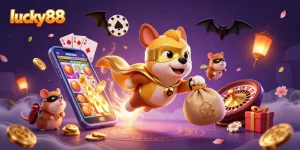 Engaging lucky88 scene featuring a superhero dog flying with gold coins amidst vibrant slot and card elements.