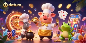 Engage in thrilling gameplay at datum, featuring a chef pig, sous-chef mouse, and critic frog amid casino elements.